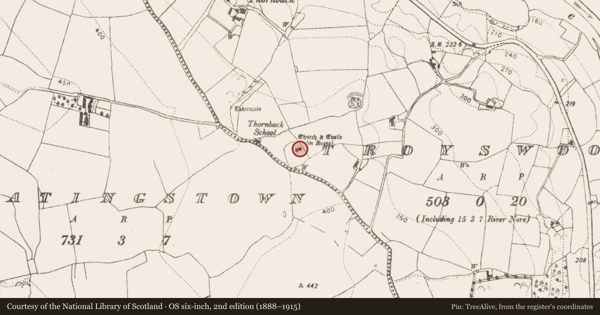 Ordnance Survey six-inch map, 2nd edition (1888–1915) covering the location of Castle - unclassified, Troyswood, County Kilkenny, with a pin at the register's coordinates