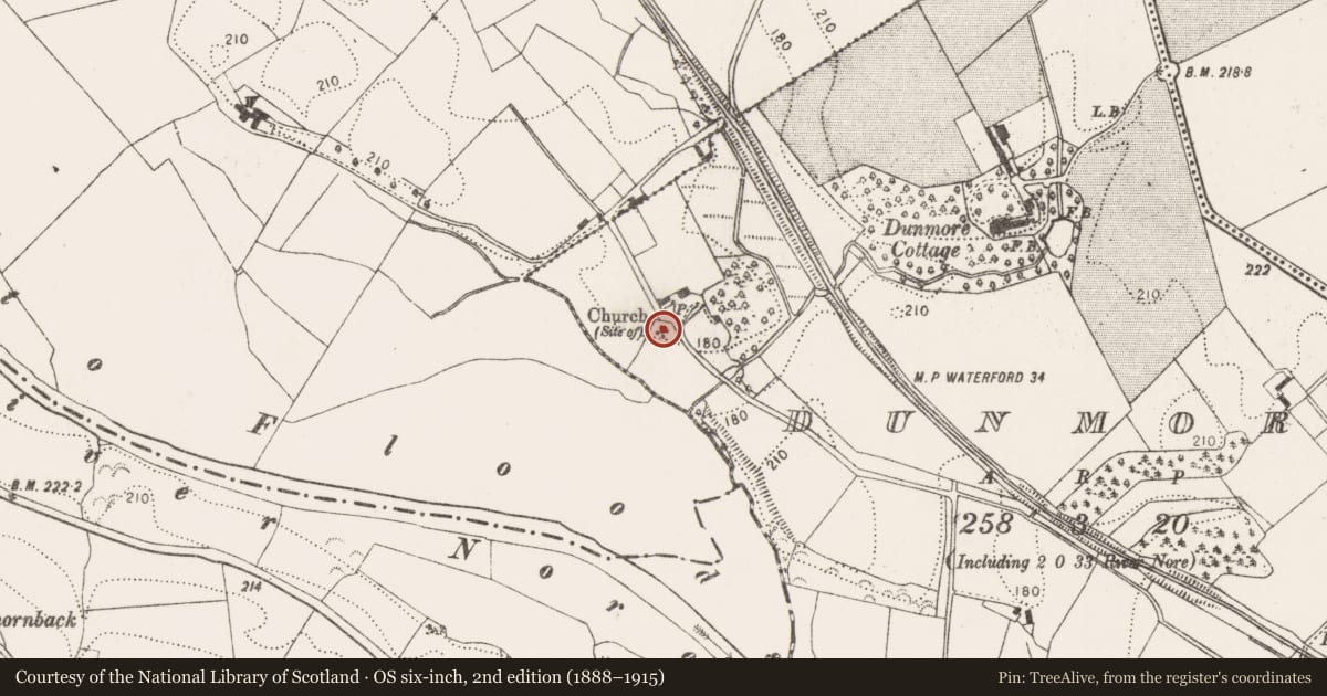 Ordnance Survey six-inch map, 2nd edition (1888–1915) covering the location of Church, Dunmore, County Kilkenny, with a pin at the register's coordinates