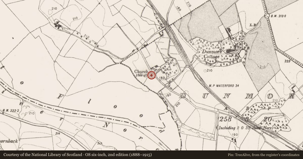 Ordnance Survey six-inch map, 2nd edition (1888–1915) covering the location of Graveyard, Dunmore, County Kilkenny, with a pin at the register's coordinates