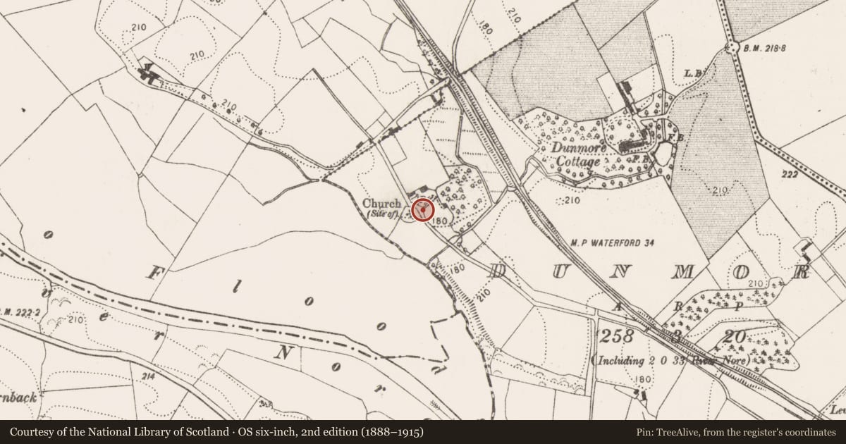 Ordnance Survey six-inch map, 2nd edition (1888–1915) covering the location of Architectural fragment, Dunmore, County Kilkenny, with a pin at the register's coordinates