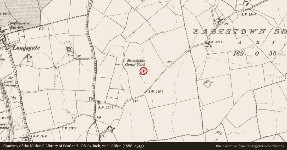 Ordnance Survey six-inch map, 2nd edition (1888–1915) covering the location of Graveyard, Radestown North, County Kilkenny, with a pin at the register's coordinates