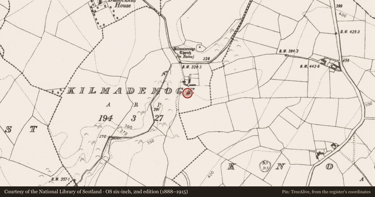 Ordnance Survey six-inch map, 2nd edition (1888–1915) covering the location of Castle - unclassified, Kilmademoge, County Kilkenny, with a pin at the register's coordinates