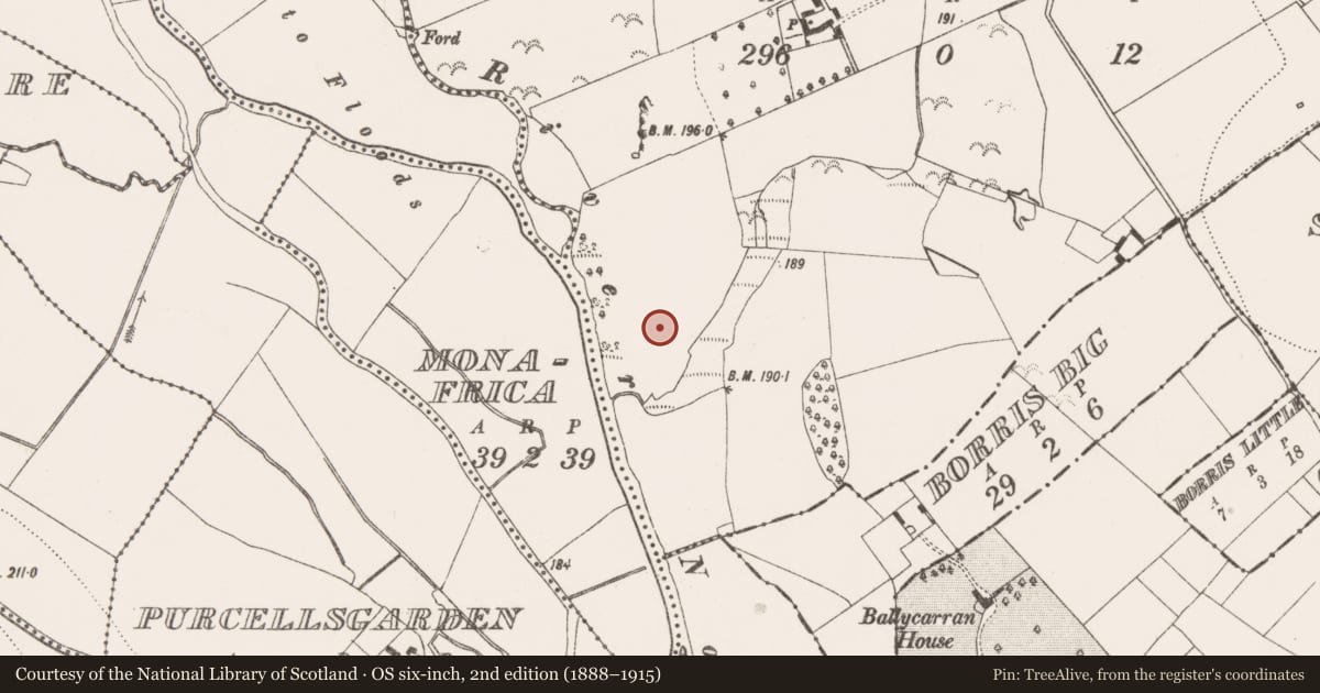 Ordnance Survey six-inch map, 2nd edition (1888–1915) covering the location of Promontory fort - inland, Ballycarran, County Kilkenny, with a pin at the register's coordinates