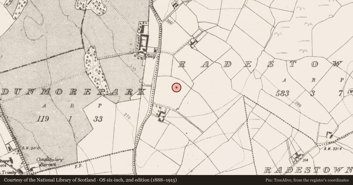 Ordnance Survey six-inch map, 2nd edition (1888–1915) covering the location of Enclosure, Radestown North, County Kilkenny, with a pin at the register's coordinates