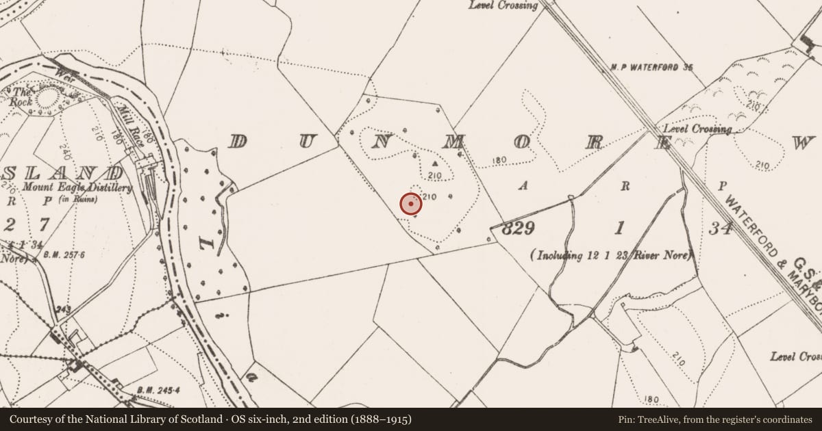 Ordnance Survey six-inch map, 2nd edition (1888–1915) covering the location of Enclosure, Dunmore West, County Kilkenny, with a pin at the register's coordinates
