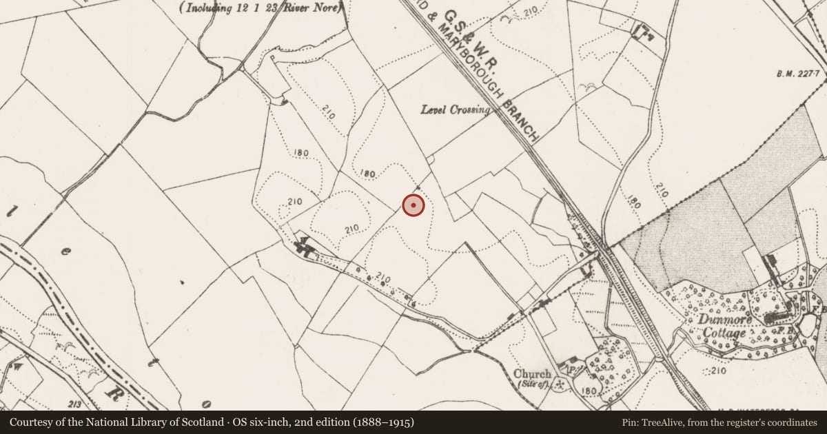 Ordnance Survey six-inch map, 2nd edition (1888–1915) covering the location of Enclosure, Dunmore West, County Kilkenny, with a pin at the register's coordinates