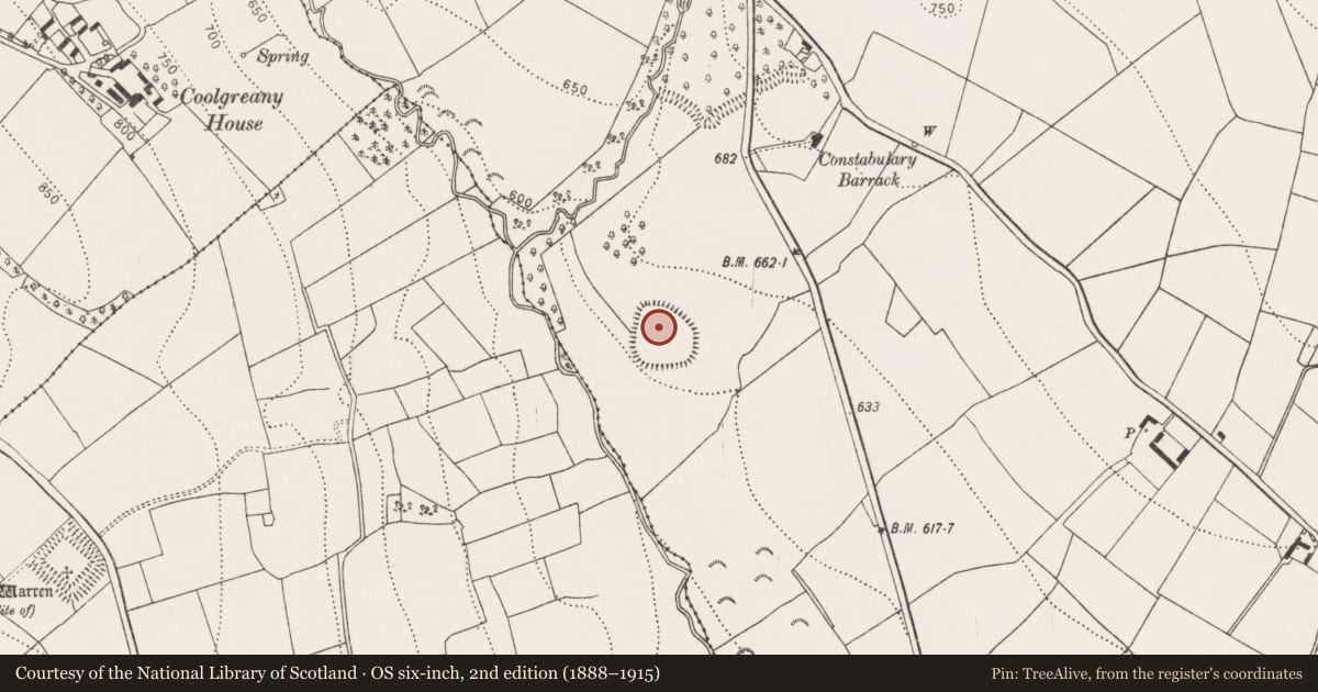 Ordnance Survey six-inch map, 2nd edition (1888–1915) covering the location of Enclosure - large enclosure, Baurnafea, County Kilkenny, with a pin at the register's coordinates