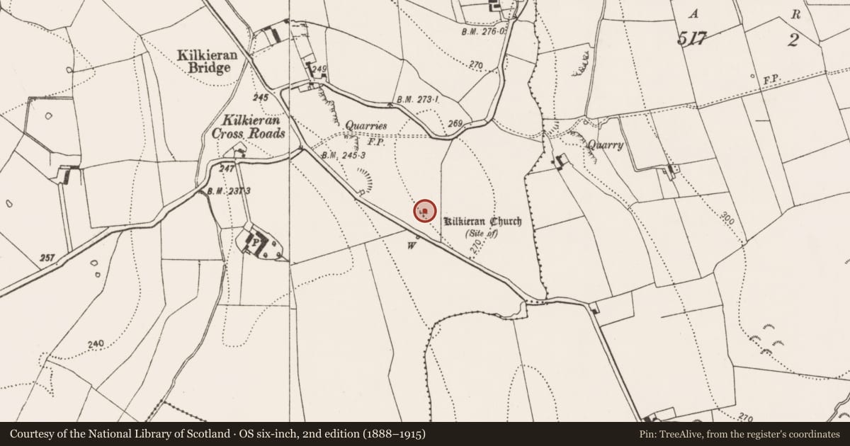 Ordnance Survey six-inch map, 2nd edition (1888–1915) covering the location of Church, Kilkieran, County Kilkenny, with a pin at the register's coordinates