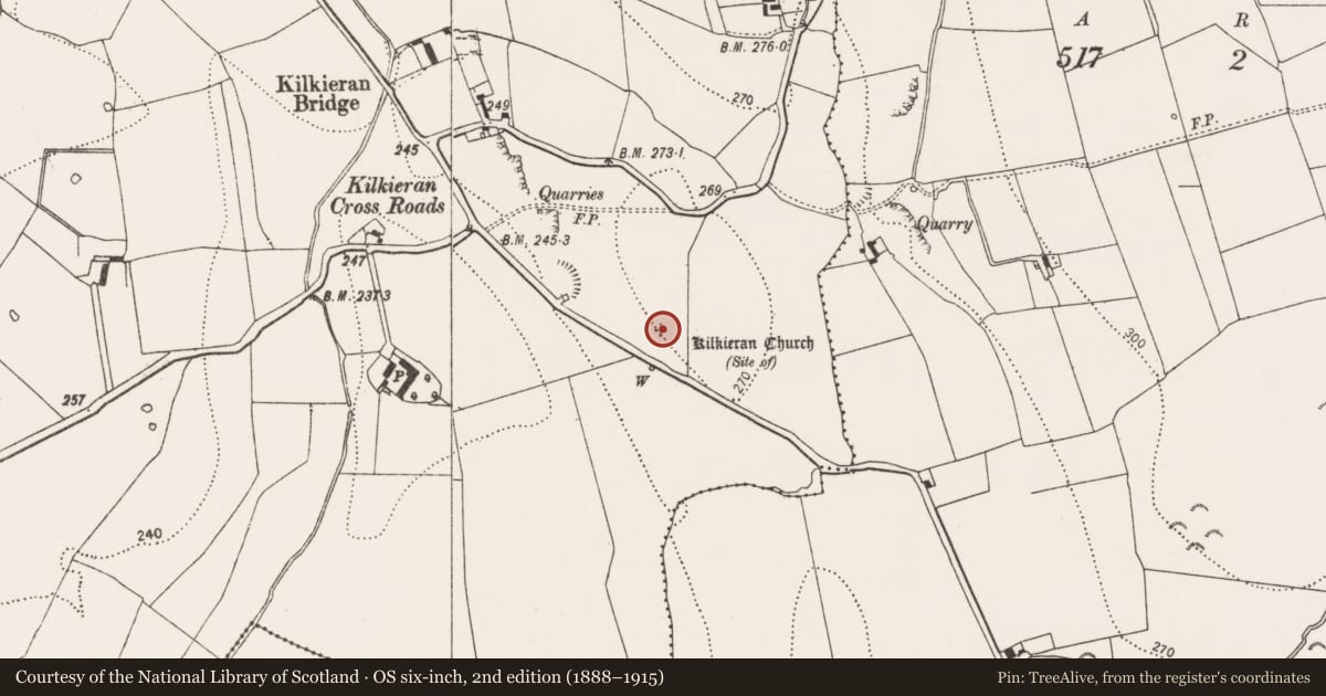 Ordnance Survey six-inch map, 2nd edition (1888–1915) covering the location of Graveyard, Kilkieran, County Kilkenny, with a pin at the register's coordinates