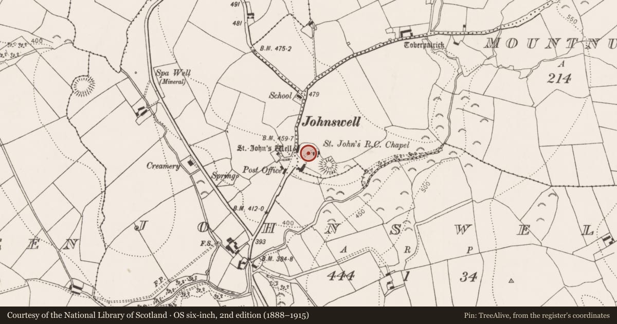Ordnance Survey six-inch map, 2nd edition (1888–1915) covering the location of Church, Mountnugent Lower, County Kilkenny, with a pin at the register's coordinates