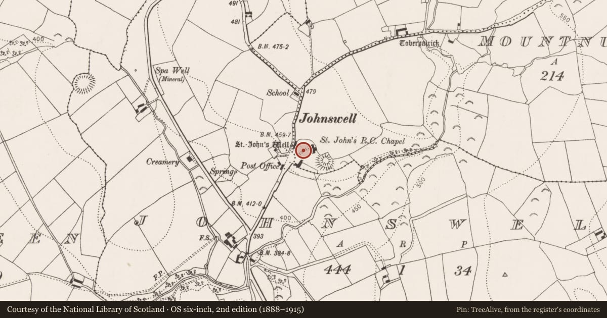 Ordnance Survey six-inch map, 2nd edition (1888–1915) covering the location of Graveyard, Mountnugent Lower, County Kilkenny, with a pin at the register's coordinates