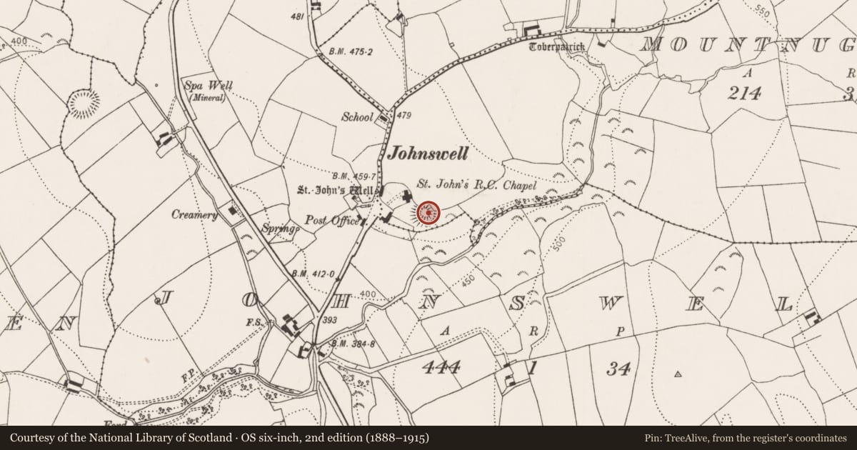 Ordnance Survey six-inch map, 2nd edition (1888–1915) covering the location of Castle - motte, Mountnugent Lower, County Kilkenny, with a pin at the register's coordinates