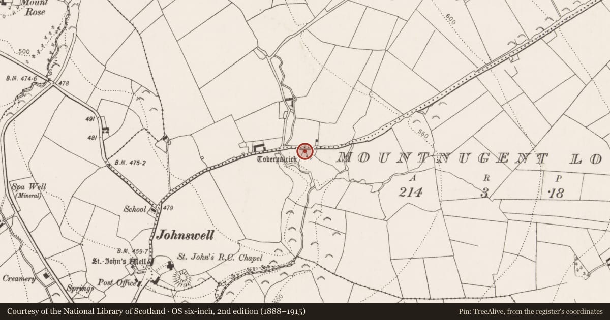 Ordnance Survey six-inch map, 2nd edition (1888–1915) covering the location of Ritual site - holy well, Mountnugent Lower, County Kilkenny, with a pin at the register's coordinates
