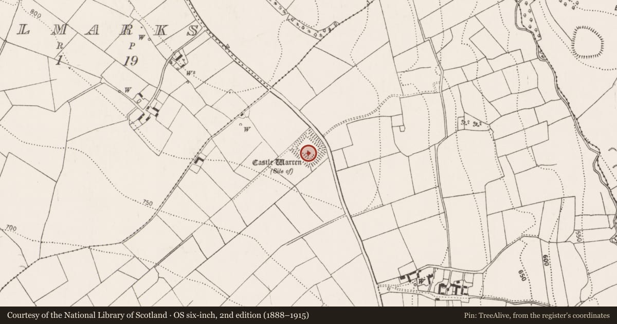 Ordnance Survey six-inch map, 2nd edition (1888–1915) covering the location of Building, Castlewarren, County Kilkenny, with a pin at the register's coordinates
