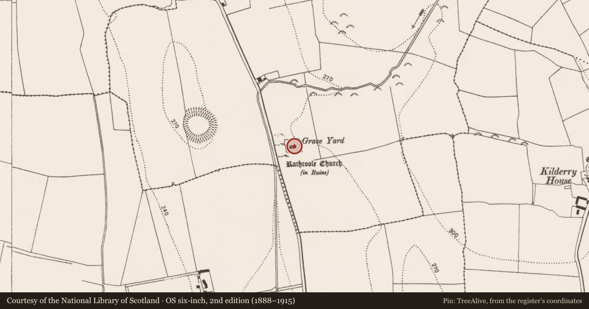 Ordnance Survey six-inch map, 2nd edition (1888–1915) covering the location of Church, Carrigeen, County Kilkenny, with a pin at the register's coordinates