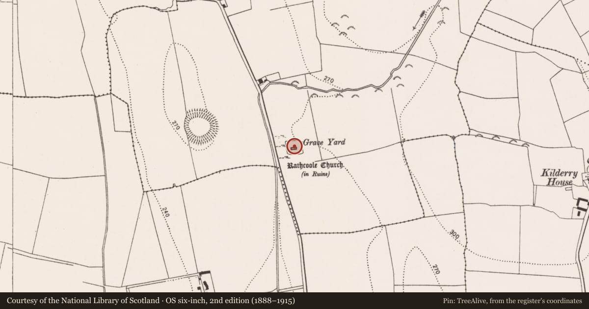 Ordnance Survey six-inch map, 2nd edition (1888–1915) covering the location of Graveyard, Carrigeen, County Kilkenny, with a pin at the register's coordinates