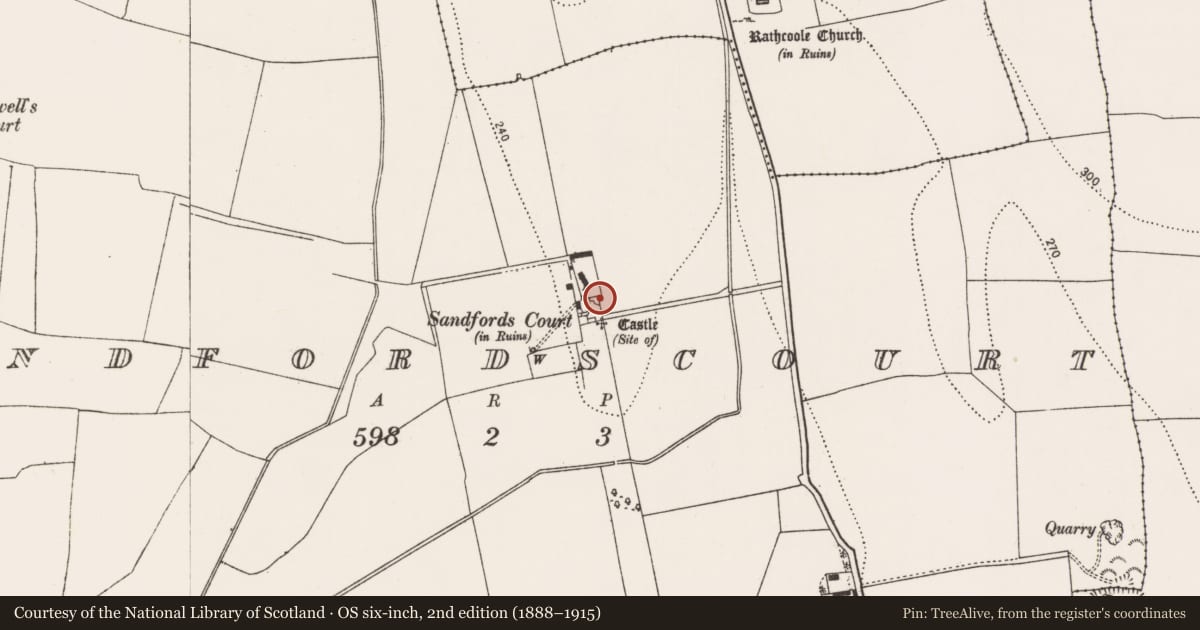 Ordnance Survey six-inch map, 2nd edition (1888–1915) covering the location of House - 16th/17th century, Sandfordscourt, County Kilkenny, with a pin at the register's coordinates