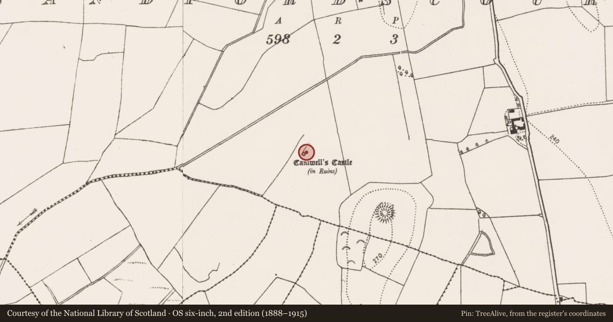Ordnance Survey six-inch map, 2nd edition (1888–1915) covering the location of Castle - tower house, Sandfordscourt, County Kilkenny, with a pin at the register's coordinates