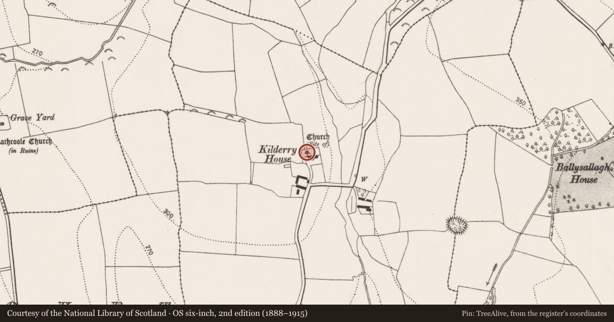 Ordnance Survey six-inch map, 2nd edition (1888–1915) covering the location of Church, Kilderry, County Kilkenny, with a pin at the register's coordinates