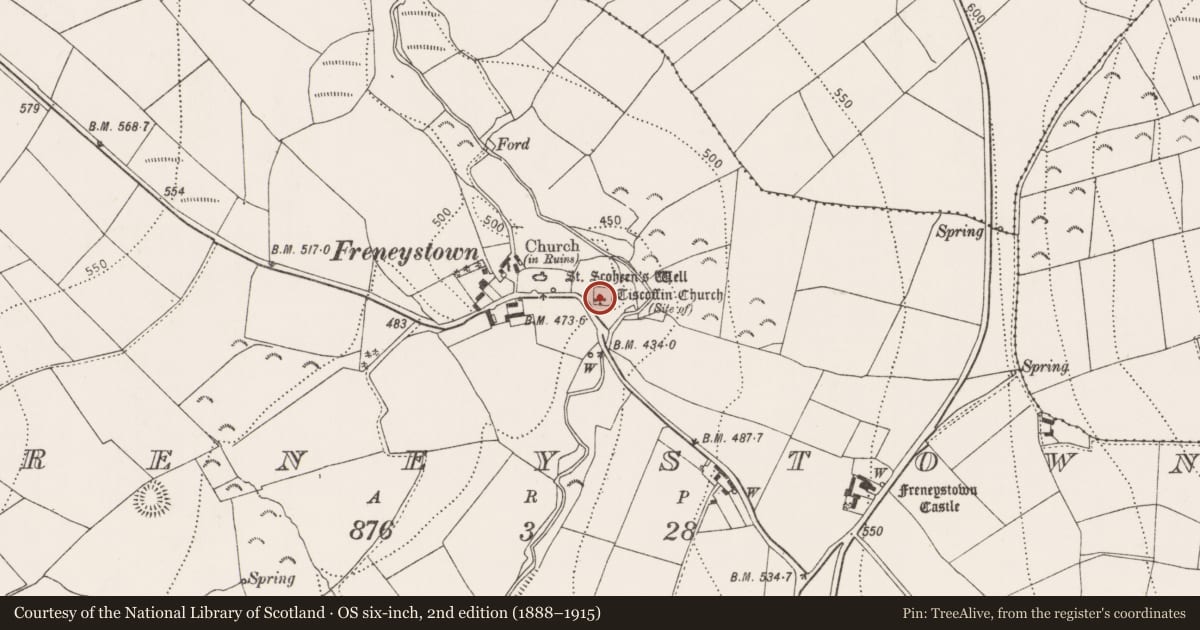 Ordnance Survey six-inch map, 2nd edition (1888–1915) covering the location of Church, Freneystown, County Kilkenny, with a pin at the register's coordinates