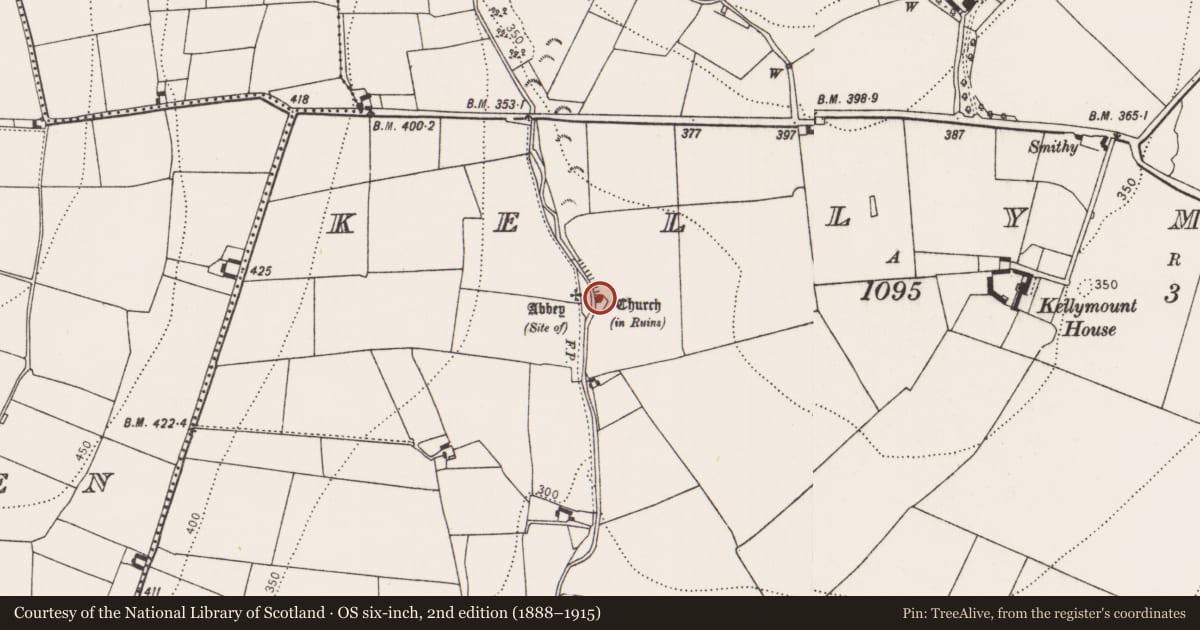 Ordnance Survey six-inch map, 2nd edition (1888–1915) covering the location of Graveyard, Kellymount, County Kilkenny, with a pin at the register's coordinates