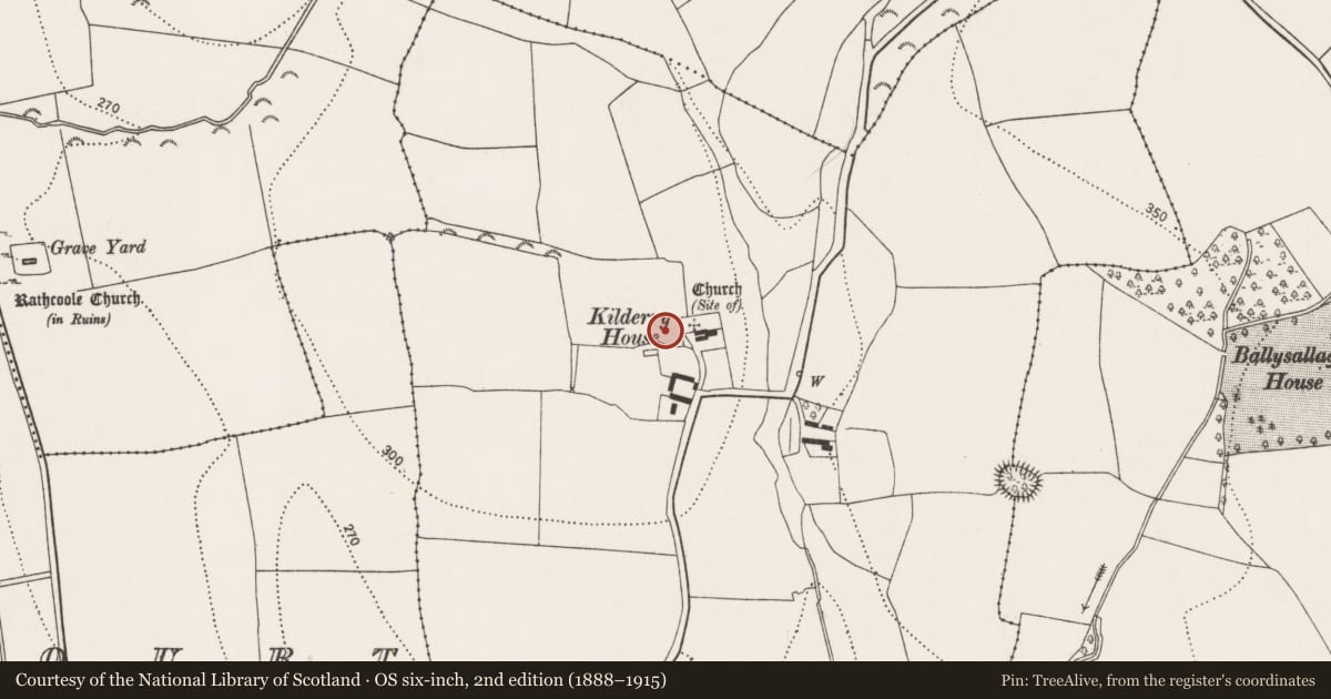 Ordnance Survey six-inch map, 2nd edition (1888–1915) covering the location of Burial, Kilderry, County Kilkenny, with a pin at the register's coordinates