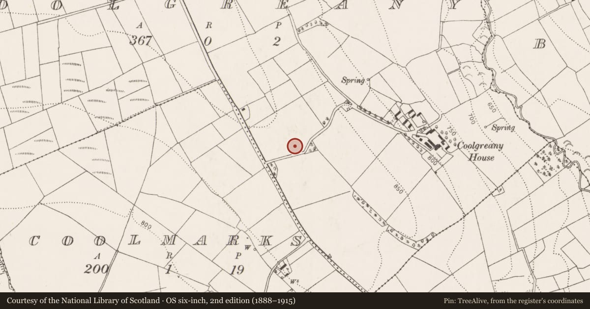 Ordnance Survey six-inch map, 2nd edition (1888–1915) covering the location of Enclosure, Coolgreany, County Kilkenny, with a pin at the register's coordinates