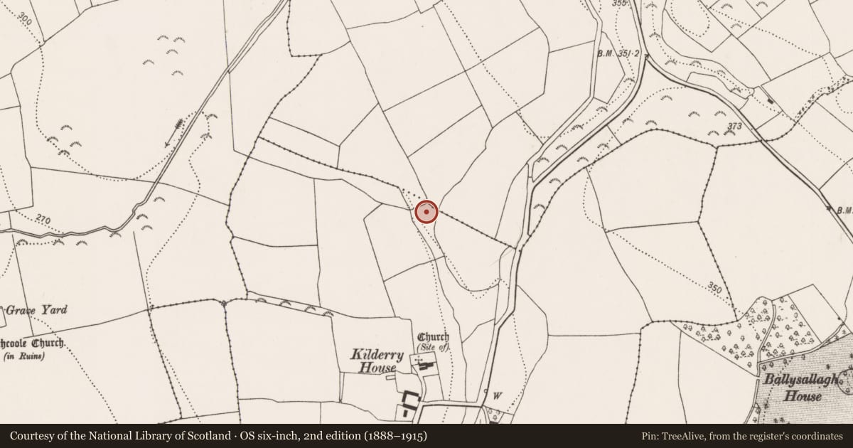 Ordnance Survey six-inch map, 2nd edition (1888–1915) covering the location of Mound, Kilderry, County Kilkenny, with a pin at the register's coordinates