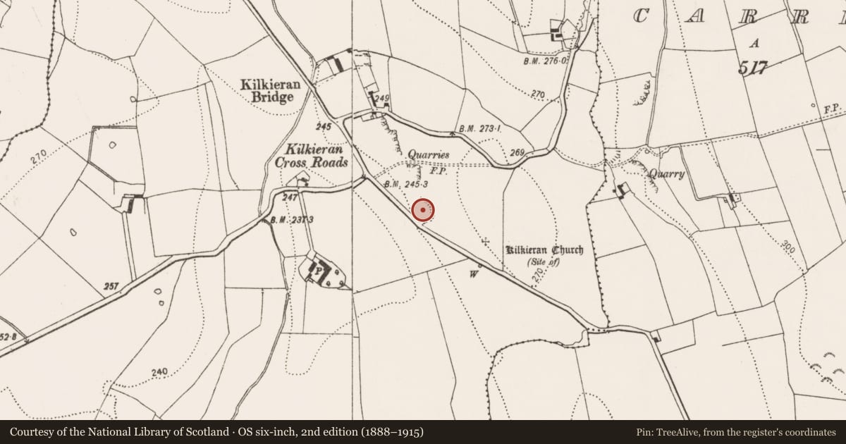 Ordnance Survey six-inch map, 2nd edition (1888–1915) covering the location of Quarry, Kilkieran, County Kilkenny, with a pin at the register's coordinates