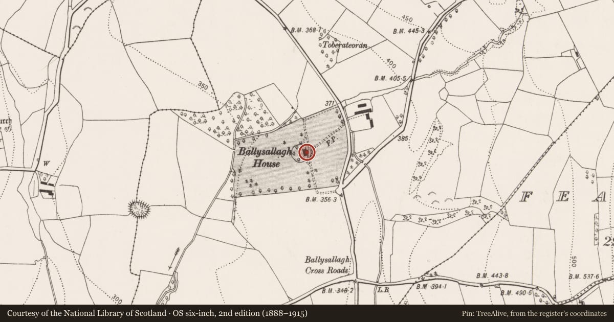 Ordnance Survey six-inch map, 2nd edition (1888–1915) covering the location of House - 18th/19th century, Ballysallagh, County Kilkenny, with a pin at the register's coordinates