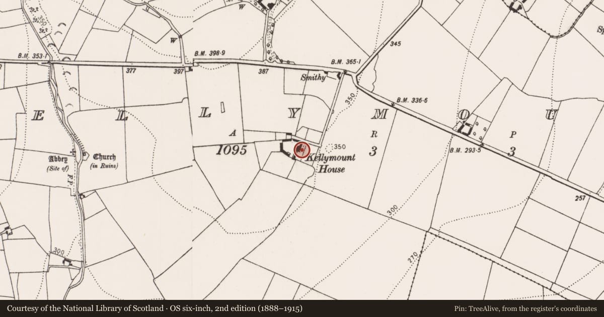 Ordnance Survey six-inch map, 2nd edition (1888–1915) covering the location of House - 17th century, Kellymount, County Kilkenny, with a pin at the register's coordinates