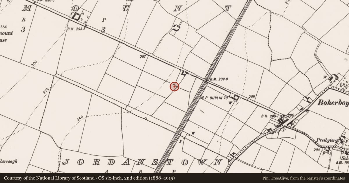 Ordnance Survey six-inch map, 2nd edition (1888–1915) covering the location of Fulacht fia, Kellymount, County Kilkenny, with a pin at the register's coordinates