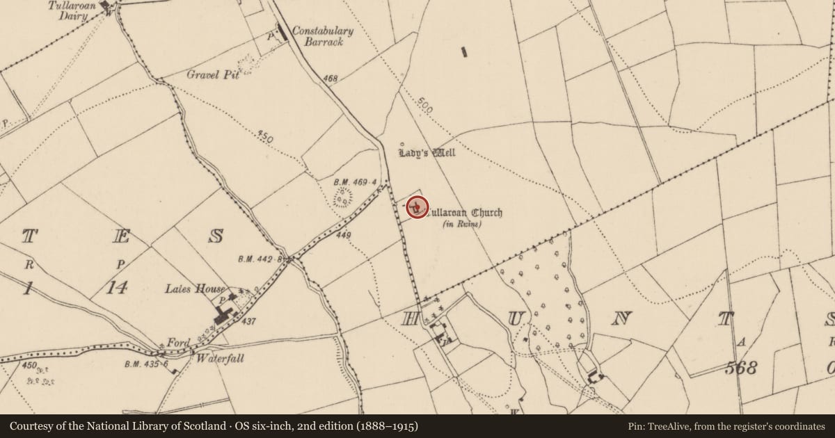 Ordnance Survey six-inch map, 2nd edition (1888–1915) covering the location of Church, Tullaroan, County Kilkenny, with a pin at the register's coordinates