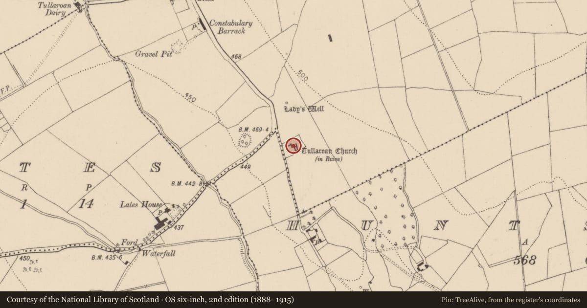 Ordnance Survey six-inch map, 2nd edition (1888–1915) covering the location of Graveyard, Tullaroan, County Kilkenny, with a pin at the register's coordinates