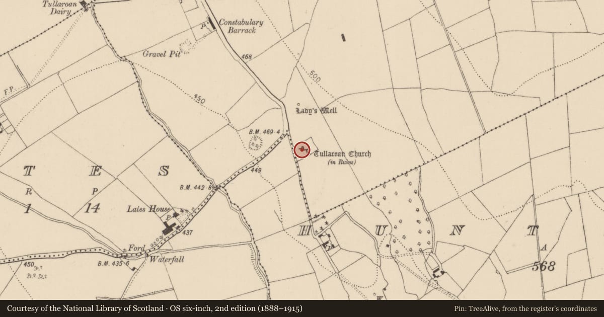 Ordnance Survey six-inch map, 2nd edition (1888–1915) covering the location of Graveslab, Tullaroan, County Kilkenny, with a pin at the register's coordinates