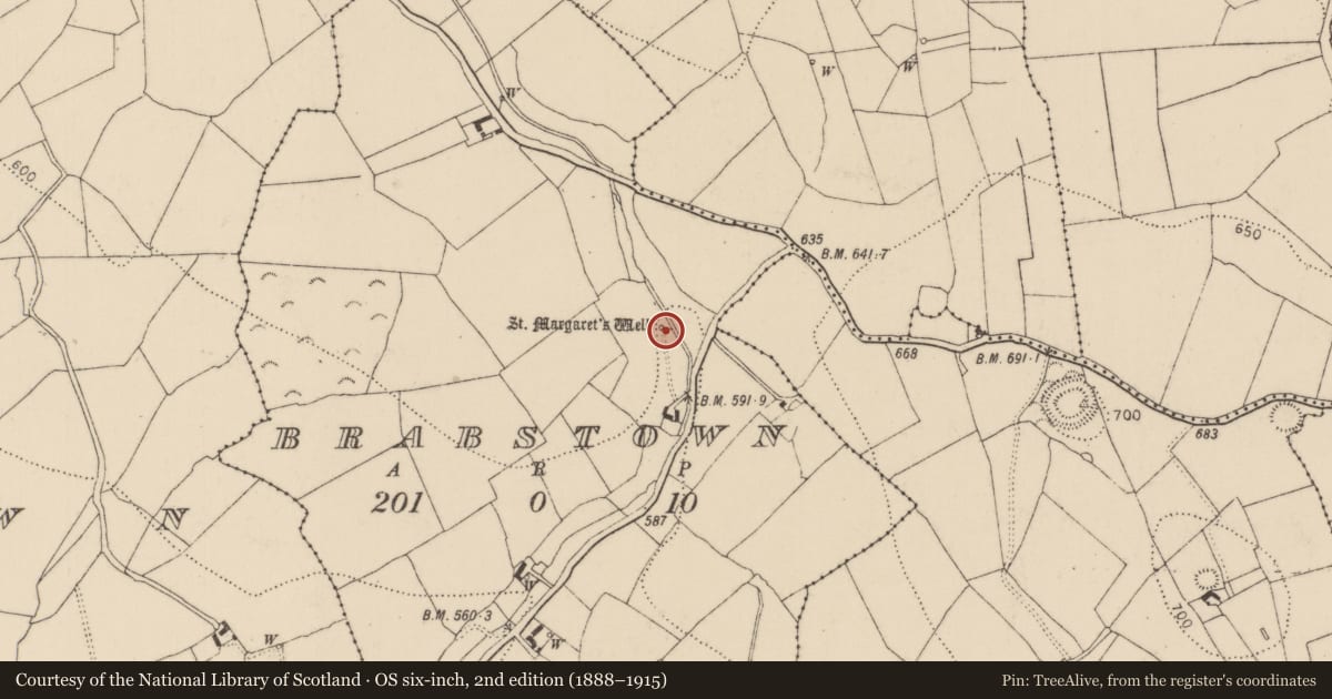 Ordnance Survey six-inch map, 2nd edition (1888–1915) covering the location of Ritual site - holy well, Brabstown, County Kilkenny, with a pin at the register's coordinates