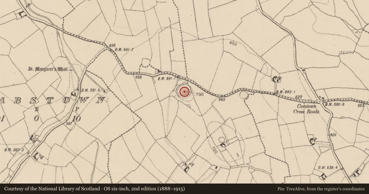 Ordnance Survey six-inch map, 2nd edition (1888–1915) covering the location of Enclosure, Baunnaraha, County Kilkenny, with a pin at the register's coordinates
