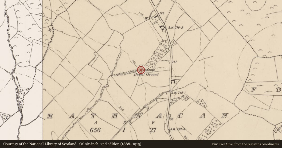 Ordnance Survey six-inch map, 2nd edition (1888–1915) covering the location of Children's burial ground, Rathmacan, County Kilkenny, with a pin at the register's coordinates