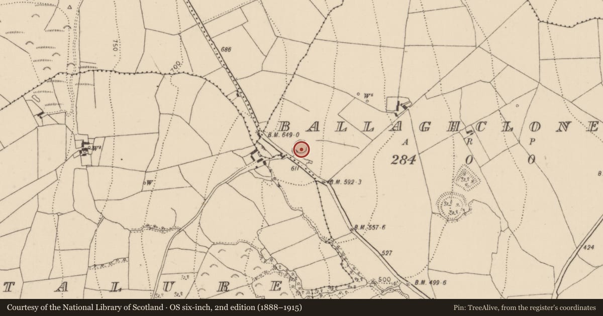 Ordnance Survey six-inch map, 2nd edition (1888–1915) covering the location of Enclosure, Ballaghcloneen, County Kilkenny, with a pin at the register's coordinates