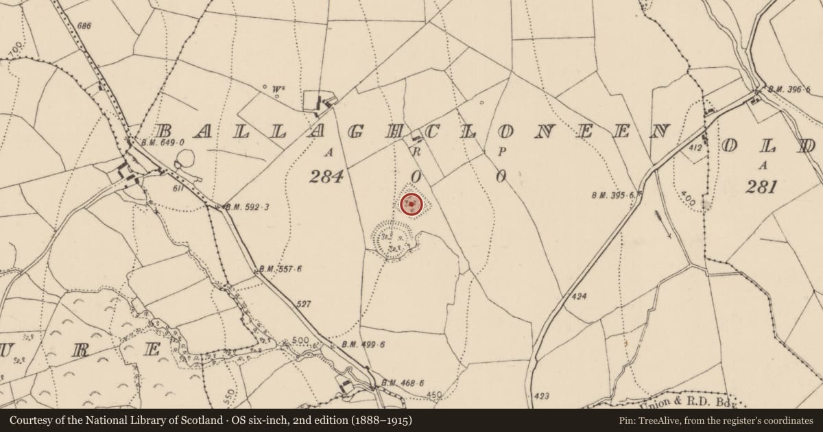 Ordnance Survey six-inch map, 2nd edition (1888–1915) covering the location of Moated site, Ballaghcloneen, County Kilkenny, with a pin at the register's coordinates