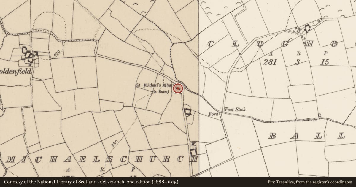 Ordnance Survey six-inch map, 2nd edition (1888–1915) covering the location of Wall monument, Michaelschurch, County Kilkenny, with a pin at the register's coordinates