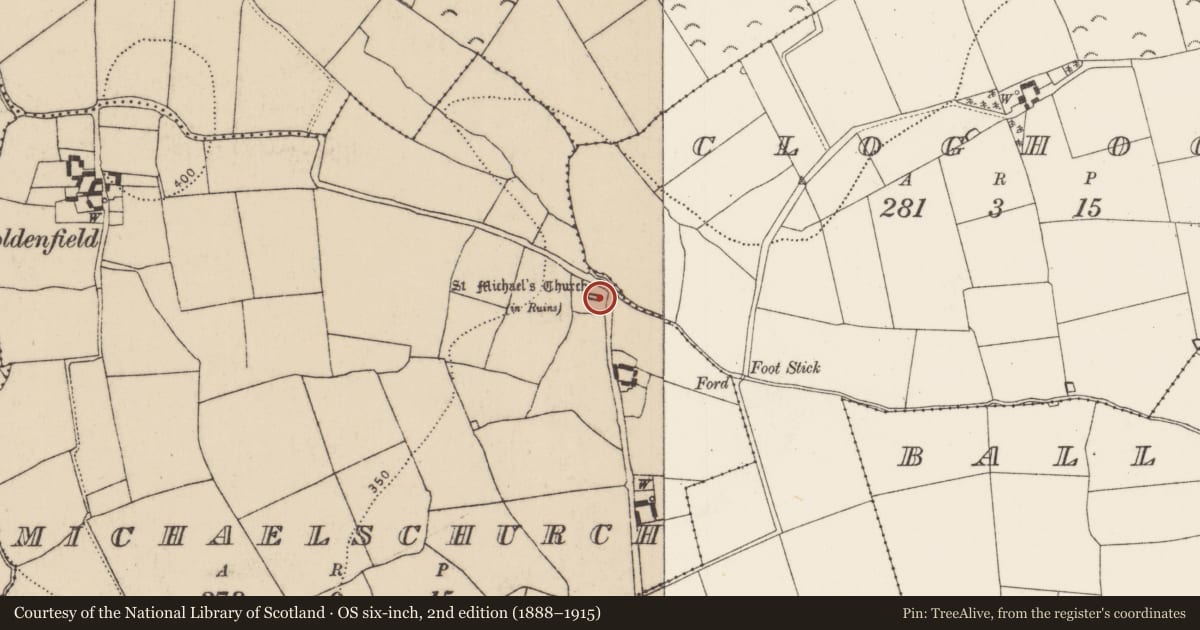 Ordnance Survey six-inch map, 2nd edition (1888–1915) covering the location of Wall monument, Michaelschurch, County Kilkenny, with a pin at the register's coordinates