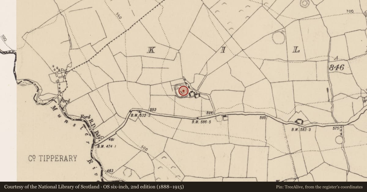 Ordnance Survey six-inch map, 2nd edition (1888–1915) covering the location of Enclosure, Killeen, County Kilkenny, with a pin at the register's coordinates