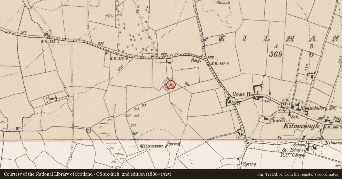 Ordnance Survey six-inch map, 2nd edition (1888–1915) covering the location of Enclosure, Pottlerath, County Kilkenny, with a pin at the register's coordinates