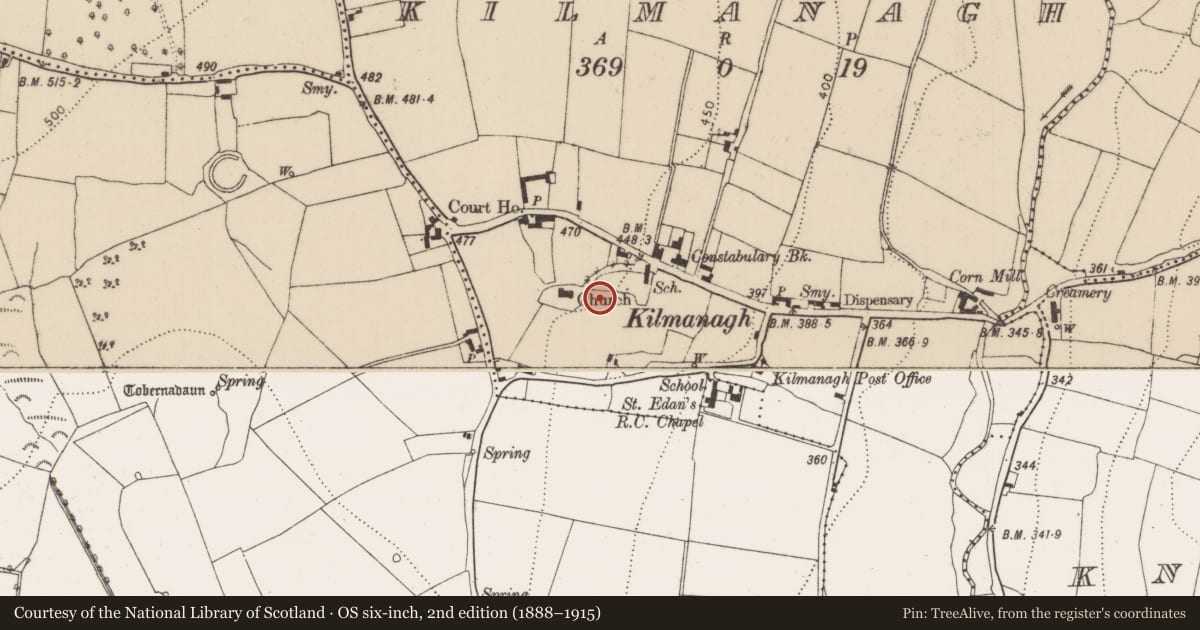 Ordnance Survey six-inch map, 2nd edition (1888–1915) covering the location of Settlement cluster, Kilmanagh, County Kilkenny, with a pin at the register's coordinates