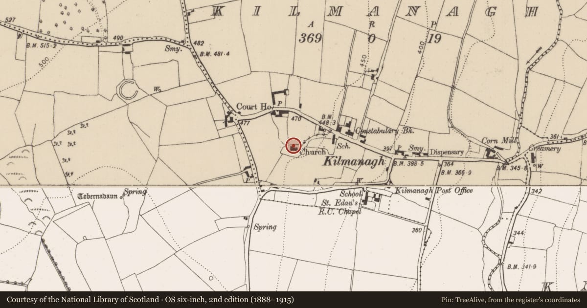 Ordnance Survey six-inch map, 2nd edition (1888–1915) covering the location of Architectural fragment, Kilmanagh, County Kilkenny, with a pin at the register's coordinates