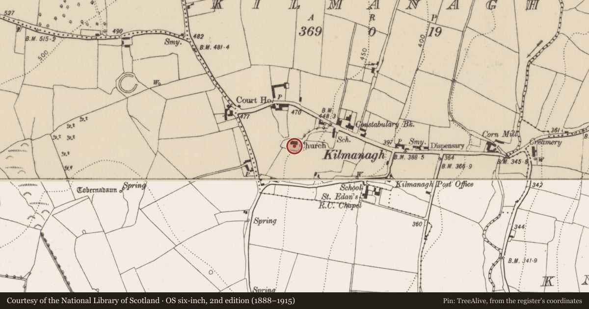 Ordnance Survey six-inch map, 2nd edition (1888–1915) covering the location of Graveyard, Kilmanagh, County Kilkenny, with a pin at the register's coordinates