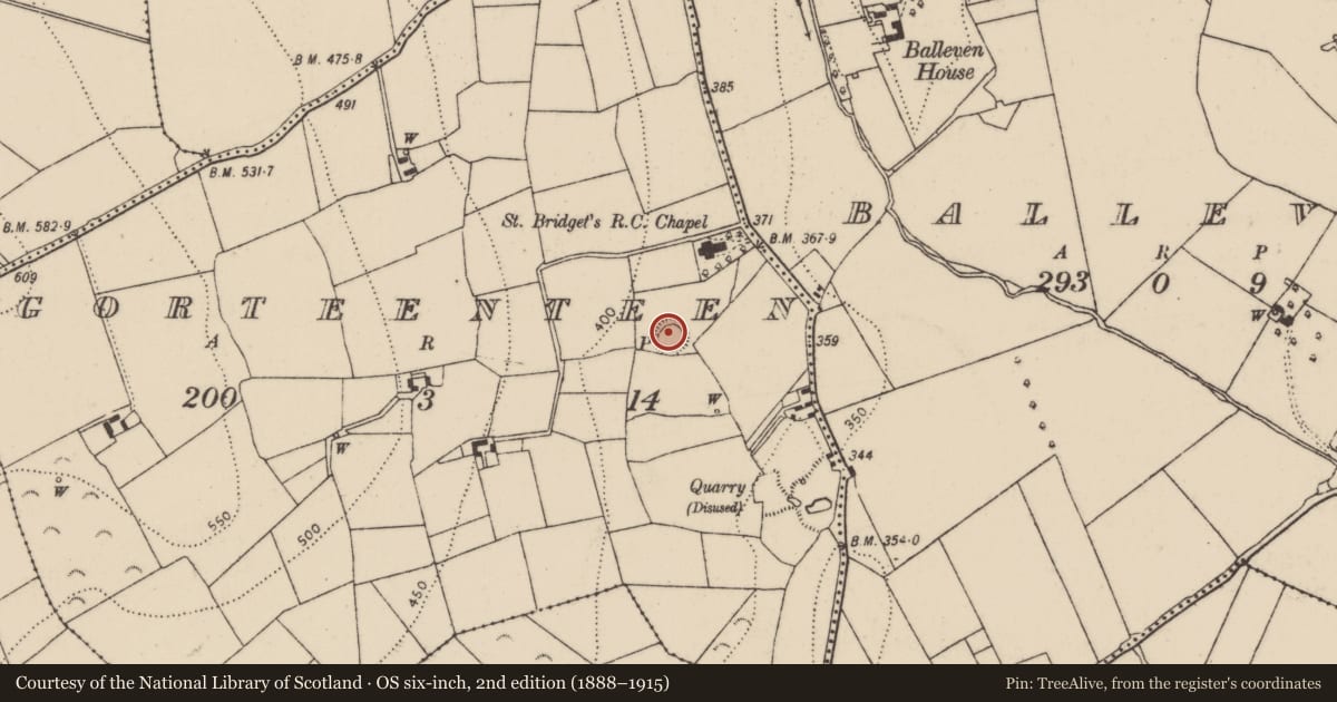 Ordnance Survey six-inch map, 2nd edition (1888–1915) covering the location of Ringfort - rath, Gorteenteen, County Kilkenny, with a pin at the register's coordinates