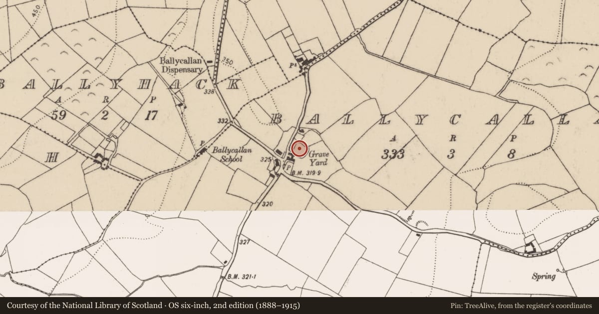 Ordnance Survey six-inch map, 2nd edition (1888–1915) covering the location of Graveyard, Ballycallan, County Kilkenny, with a pin at the register's coordinates