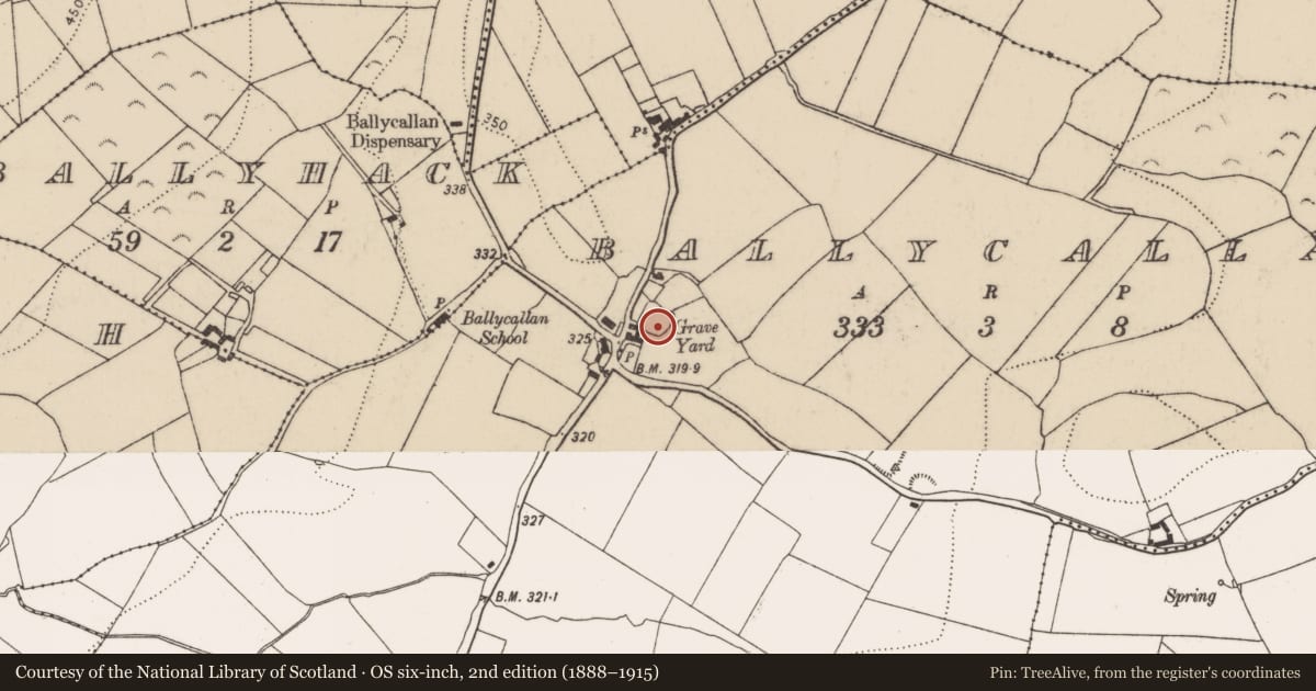 Ordnance Survey six-inch map, 2nd edition (1888–1915) covering the location of Graveslab, Ballycallan, County Kilkenny, with a pin at the register's coordinates